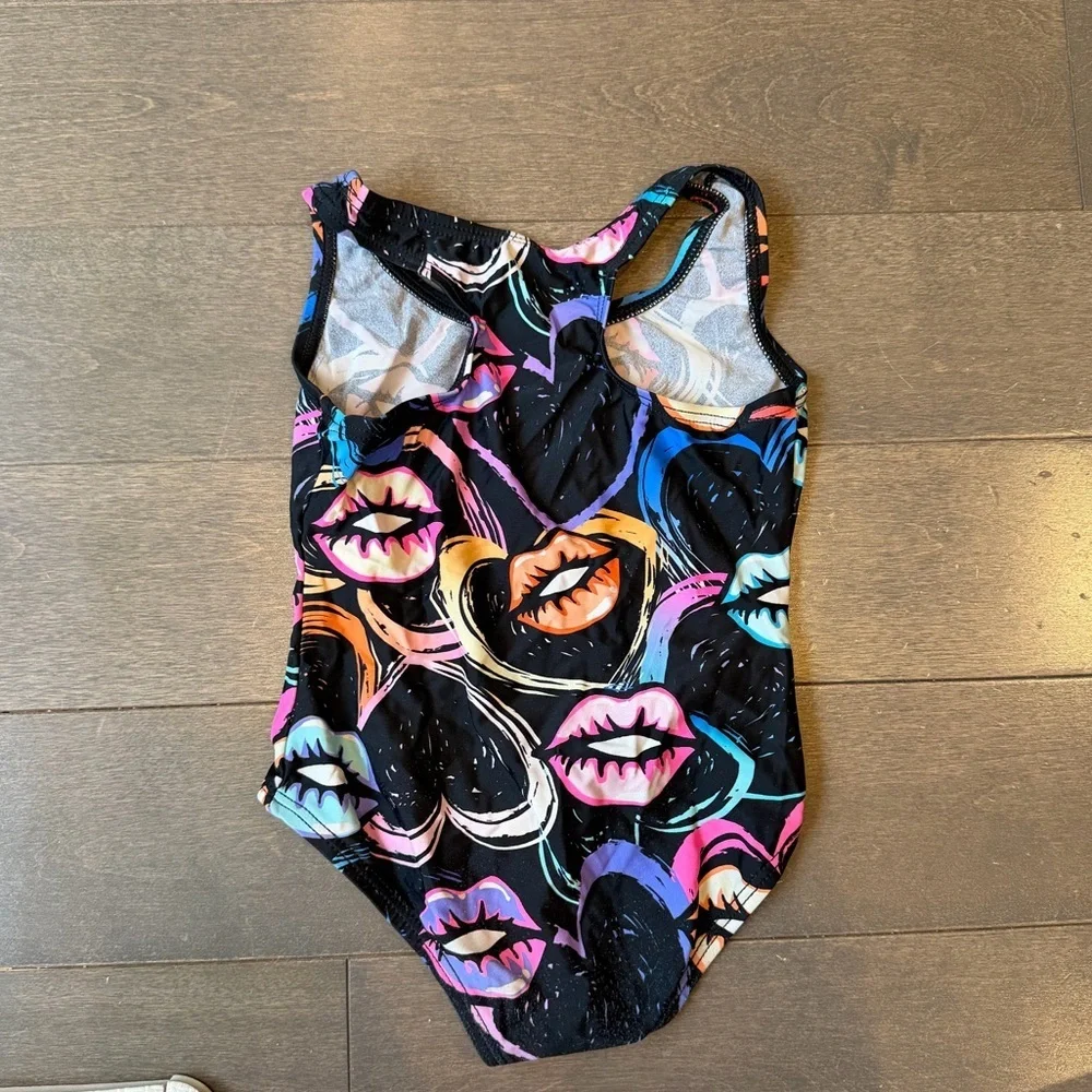 Kids One-Piece Swimsuit — Black with Multicolor Lip Print